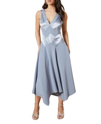 Women's V-Neck Mesh Asymmetric Midi Dress