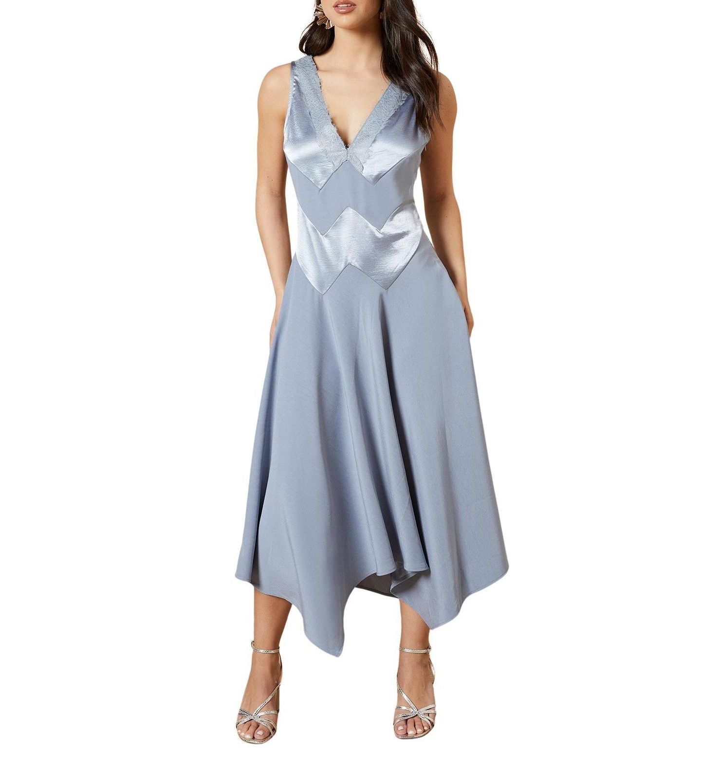 Женское платье Oasis V-Neck Mesh Asymmetric Midi, цвет: Синий — фото 4