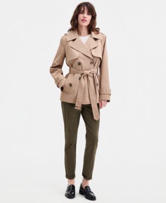 Petite Short Double-Breasted Belted Trench Coat