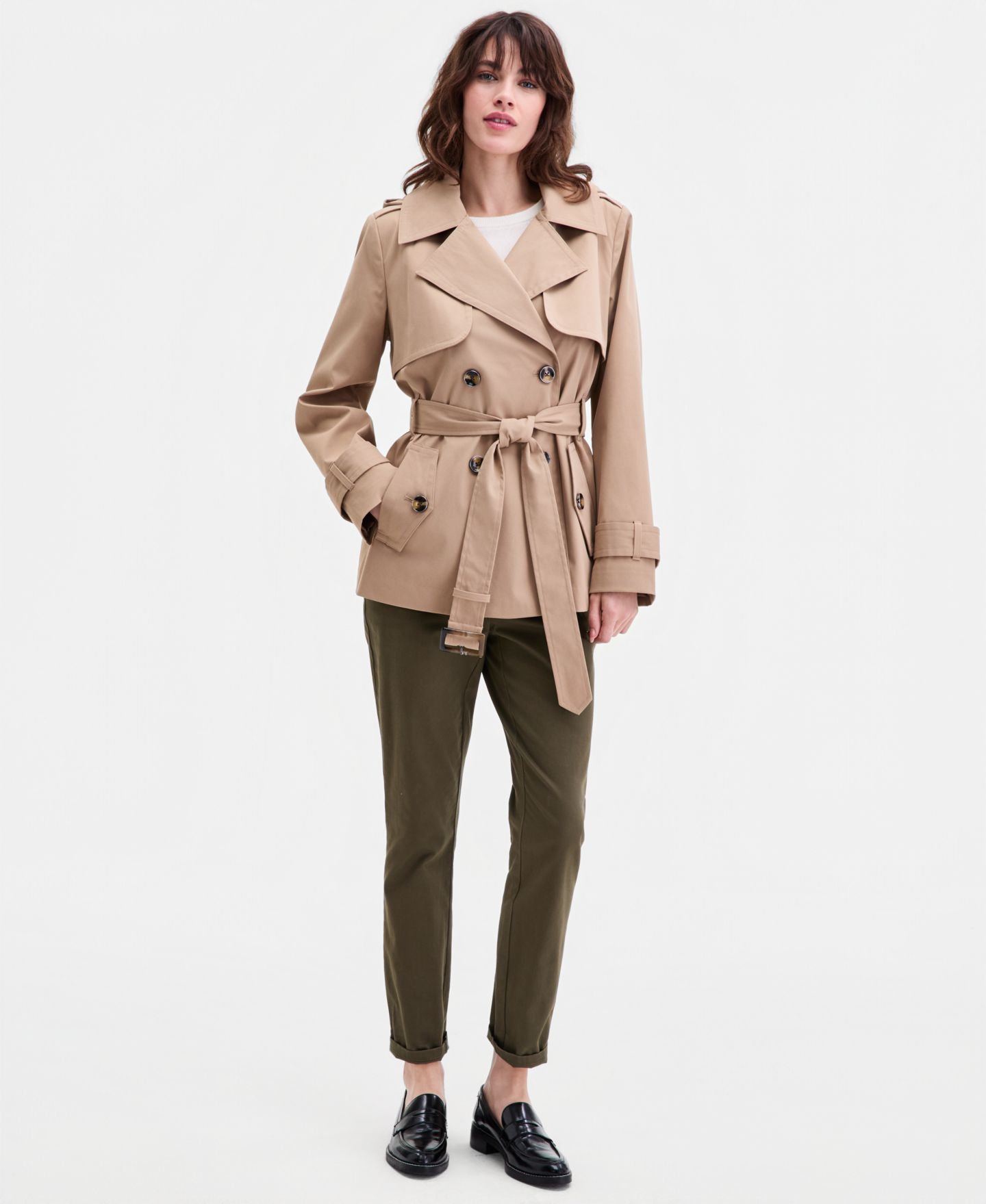 Женское пальто London Fog Short Double-Breasted Belted Trench, цвет: Хаки — фото 2