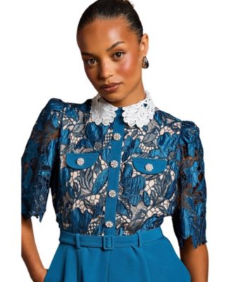 Women's Lace Shirt Short Sleeve Jumpsuit