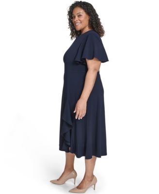 Plus Size Flutter Sleeve Round Neck Midi Dress