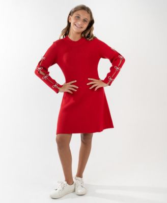 Rare Editions - Girls 7-16 Bow Detail Long-Sleeve Dress