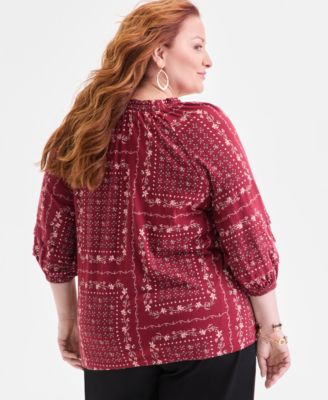 Plus Size Split-Neck 3/4-Sleeve Top, Macy's Exclusive