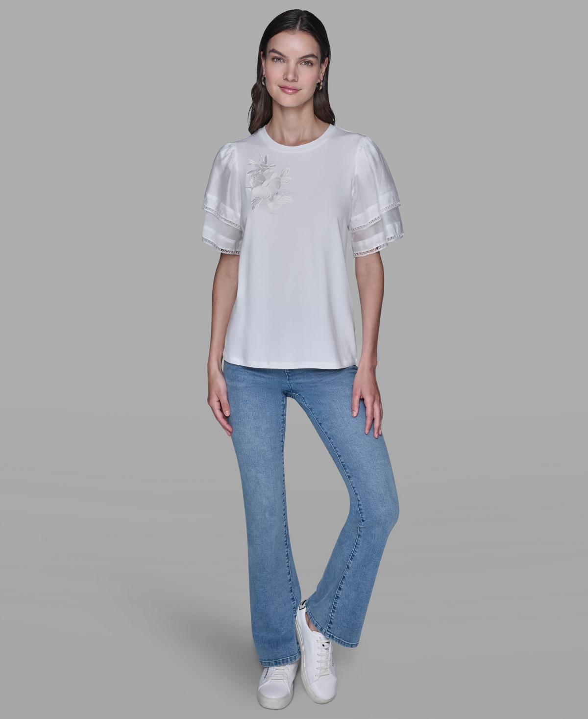 Karl Lagerfeld Women's Ruffled Crewneck Floral Top In White