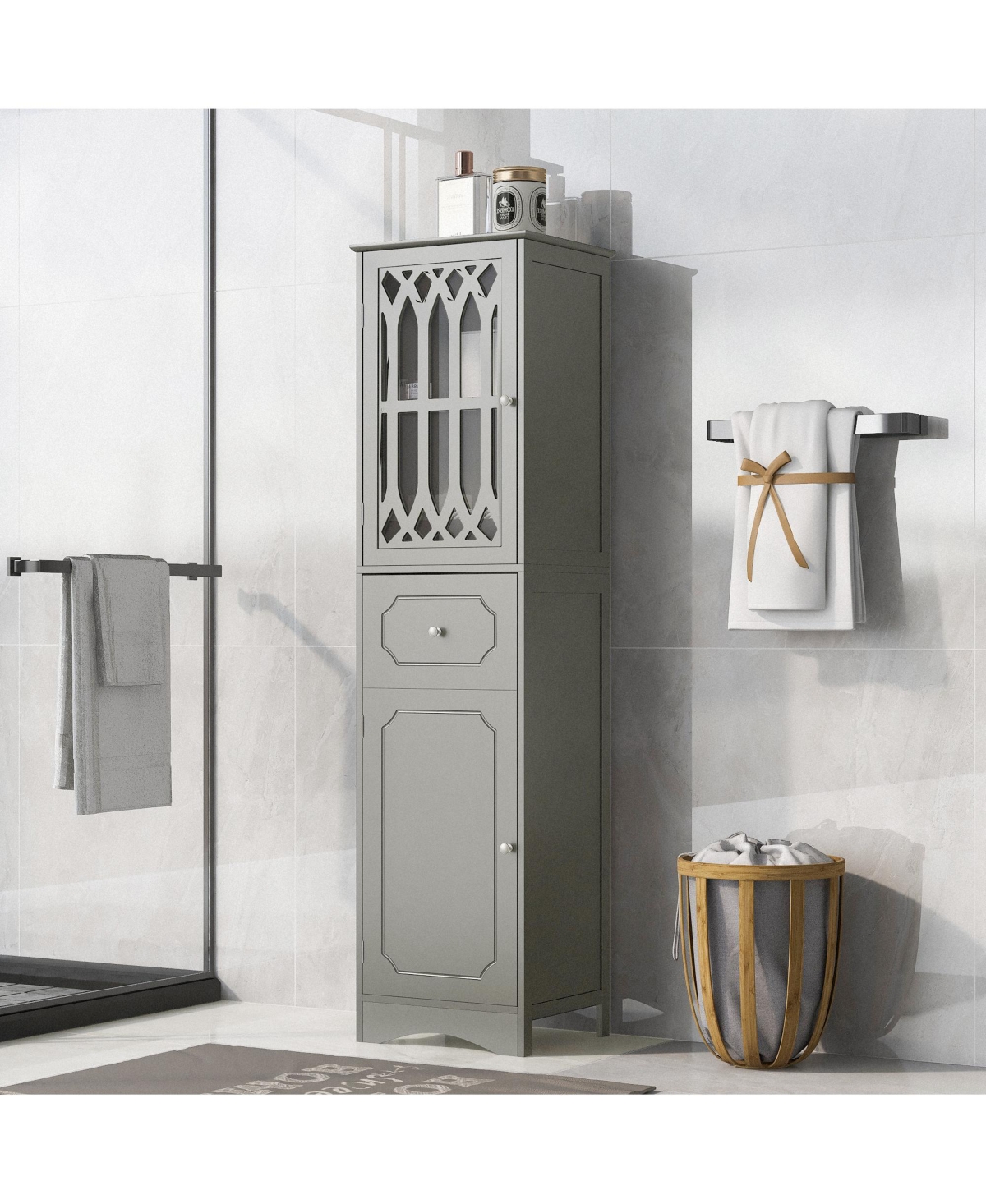 Airsurfer Tall Bathroom Cabinet Freestanding Storage Cabinet with Drawer and Doors Adjustable Shelf Mdf Board Acrylic Door Grey