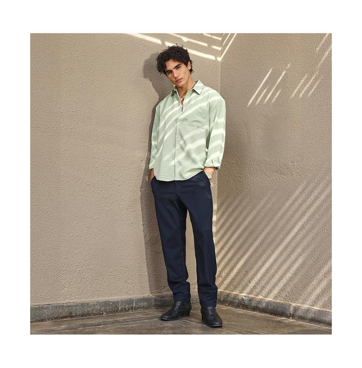 Campus Sutra Men's Sage Green Modular Solid Oversized Shirt