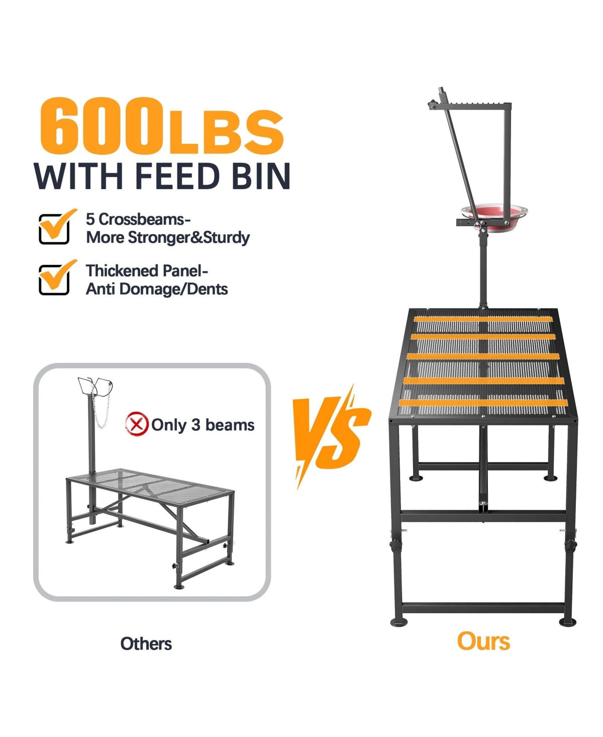 600 lbs Capacity Adjustable Goat Trimming Stand with Headpiece and Feed Bin – Foldable Grooming and Milking Platform