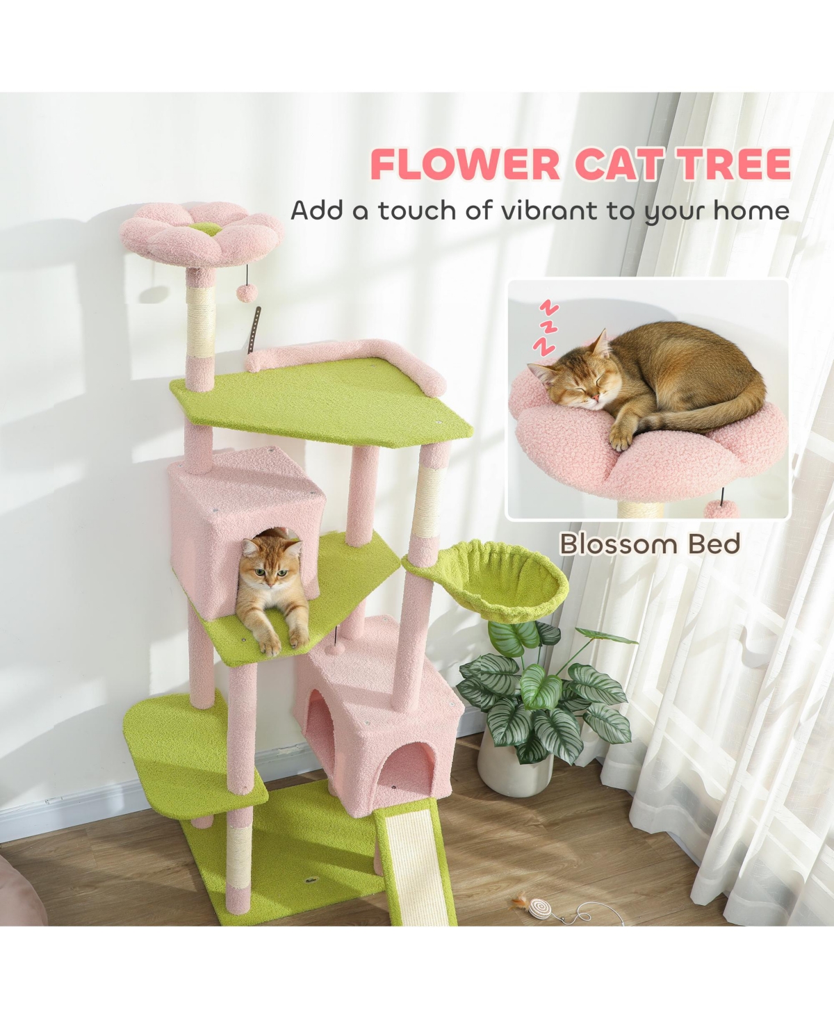 PawHut 74" Flower Cat Tree, Large Cat Tower with Scratching Post & Board