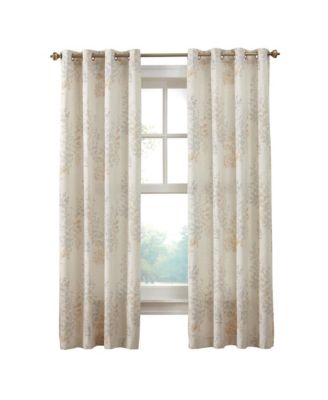 Lana Light Filtering Grommet Curtain Panel Two Tone Leaf Branches Bouquet Faux Linen Fabric Designed 50" x 108" Ivory