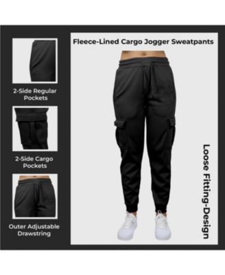 Women's Loose Fit Fleece Jogger Sweatpants with Velcro Cargo Pockets-3 Pack