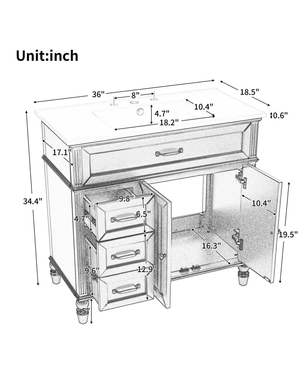 Boyel Living 36" Bathroom Vanity with Sink, Blue Bathroom Cabinet with Drawers, Solid Frame and Mdf Board