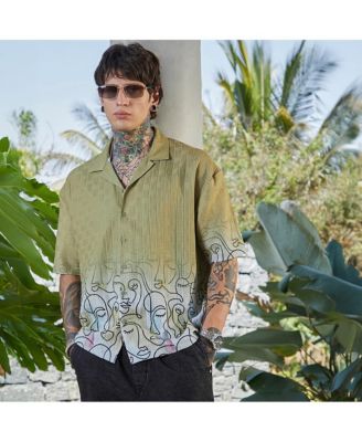 Men's Pistachio Green Faces-Ombre Oversized Shirt