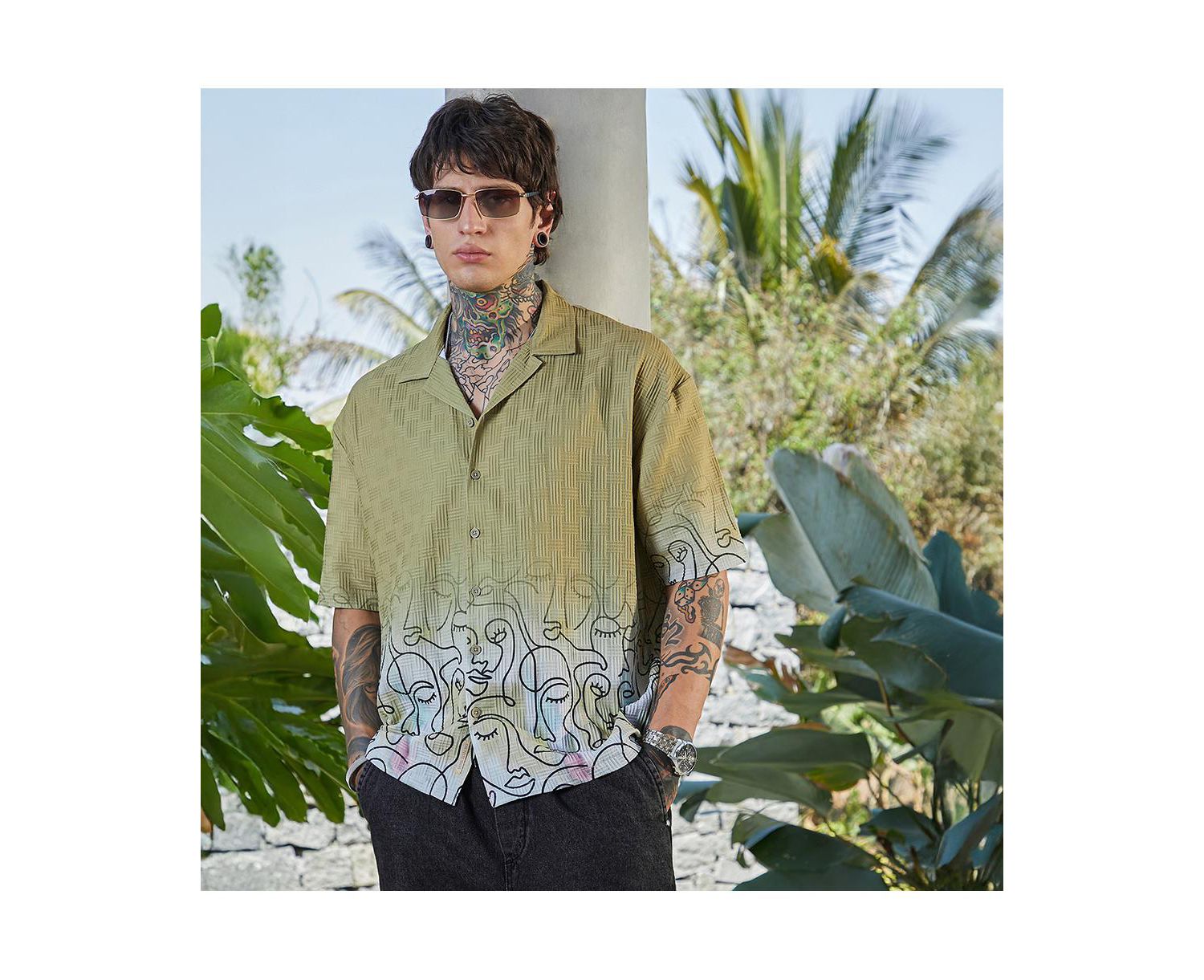 Men's Pistachio Green Faces-Ombre Oversized Shirt
