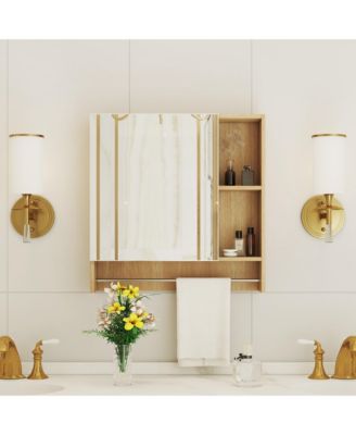 1Pc Wall-Mounted Mirror Cabinet with 4 Compartments, Towel Rack & Adjustable Shelves – Bathroom Medicine Organizer