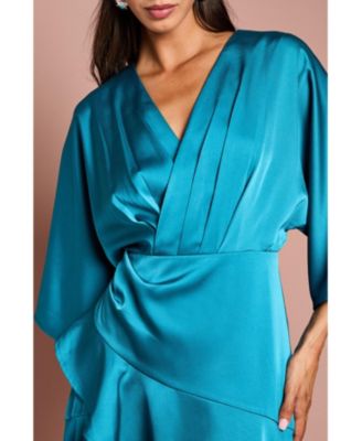 Women's Satin Crepe Ruffle Wrap Midi Dress