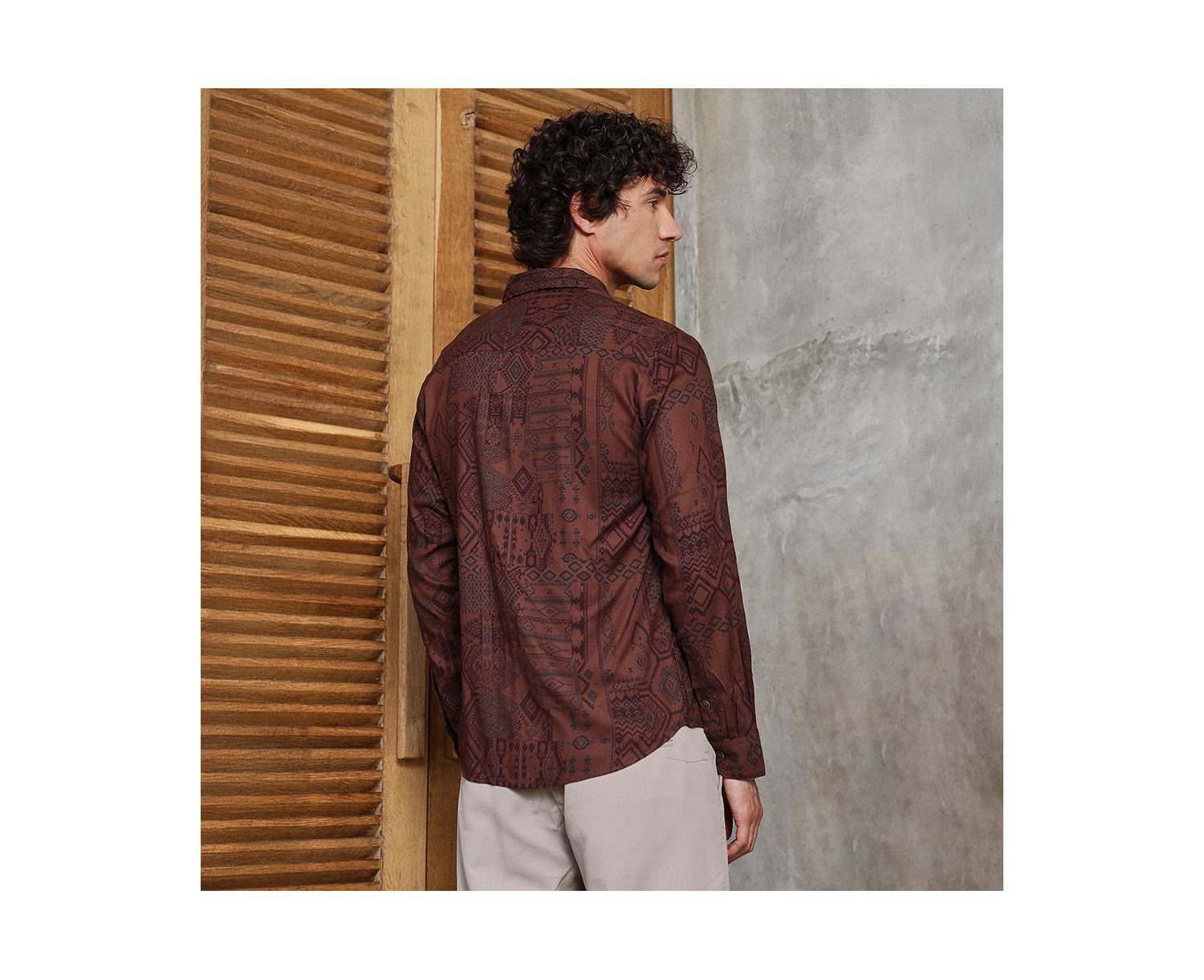 Men's Russet Brown Aztec-Imprint Shirt
