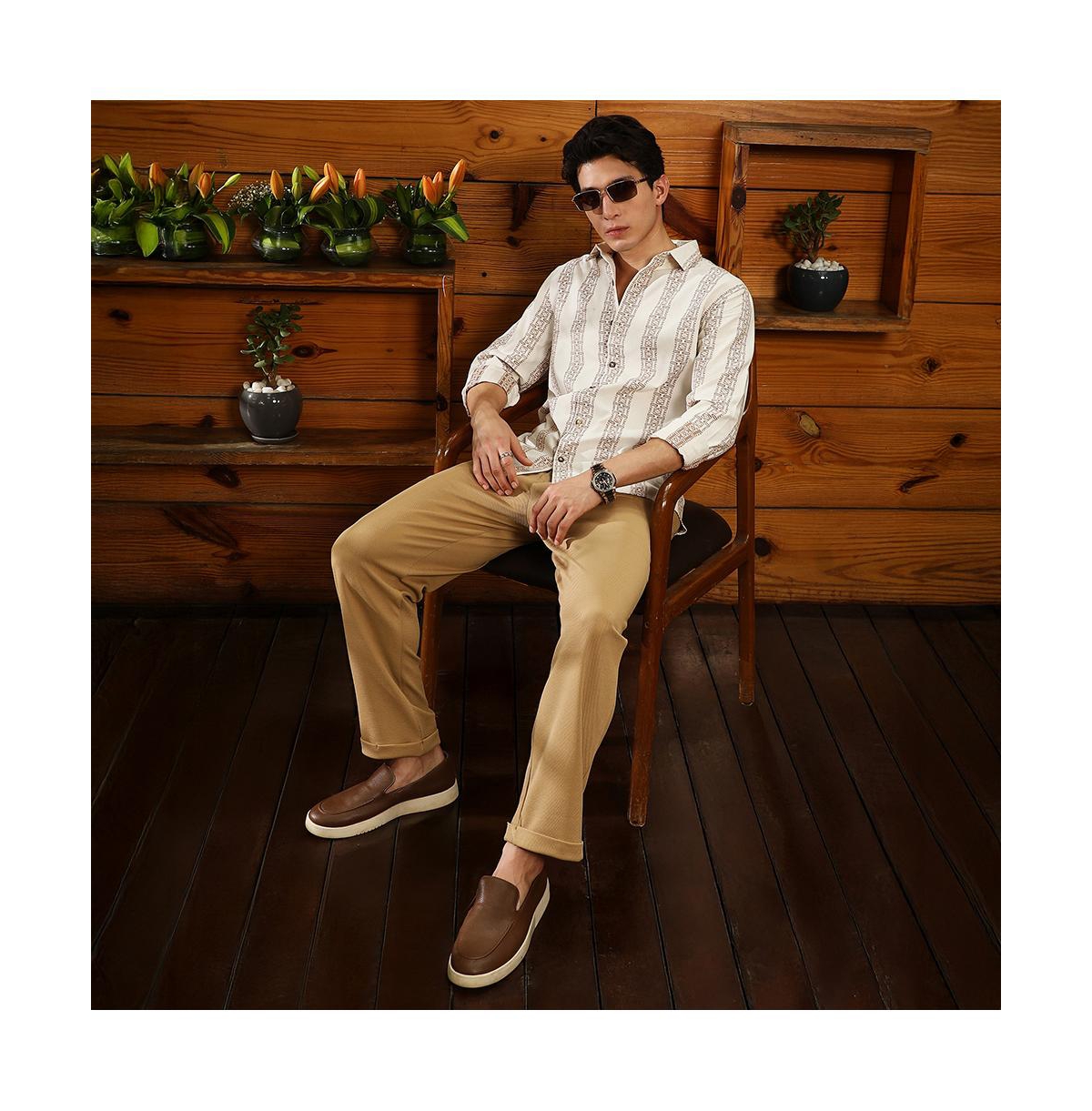 Campus Sutra Men's Ash Brown & Off-White Indie-Stripe Jacquard Shirt