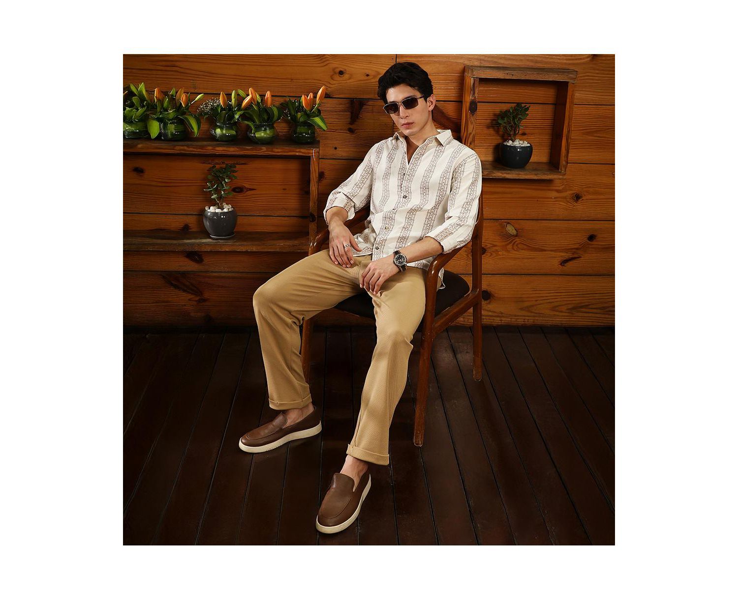 Men's Ash Brown & Off-White Indie-Stripe Jacquard Shirt