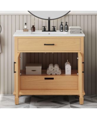 36" Rattan Bathroom Vanity with Ceramic Sink, Soft-Close Doors & Large Storage, Free-Standing Solid Wood Design, Natural