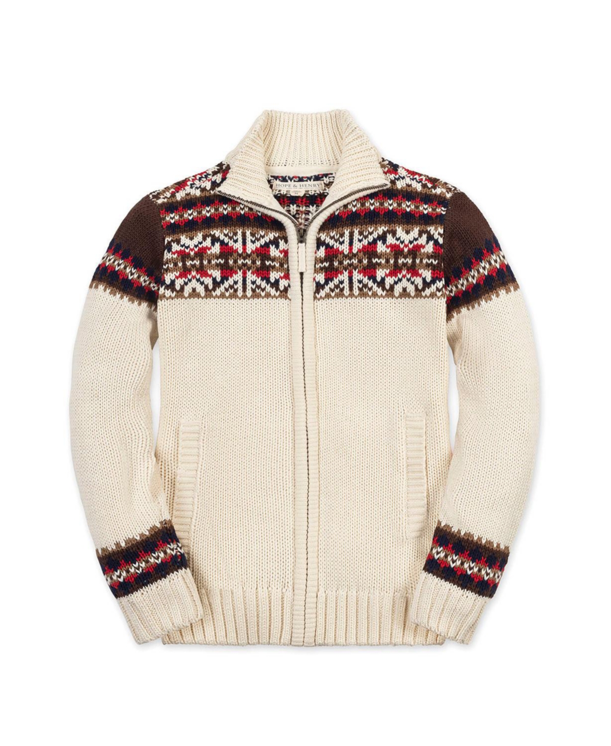 Hope & Henry Boys Organic Long Sleeve Full Zip Mock Neck Intarsia Sweater