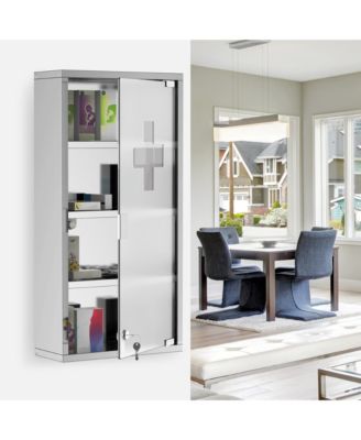 Wall Mounted Medicine Cabinet Locking Storage Cabinet with 4 Tier Shelves Stainless Steel Frame Glass Door