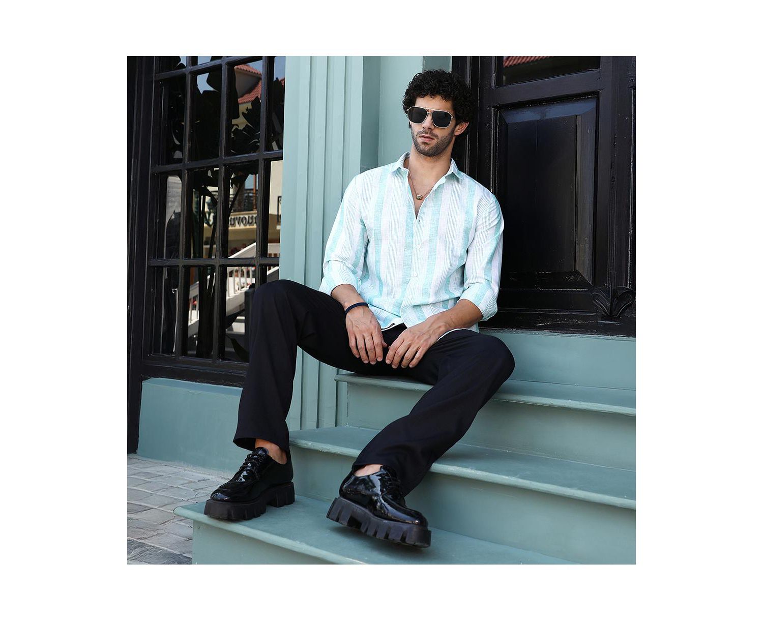 Men's Sky Blue Pincandy-Striped Regular Shirt