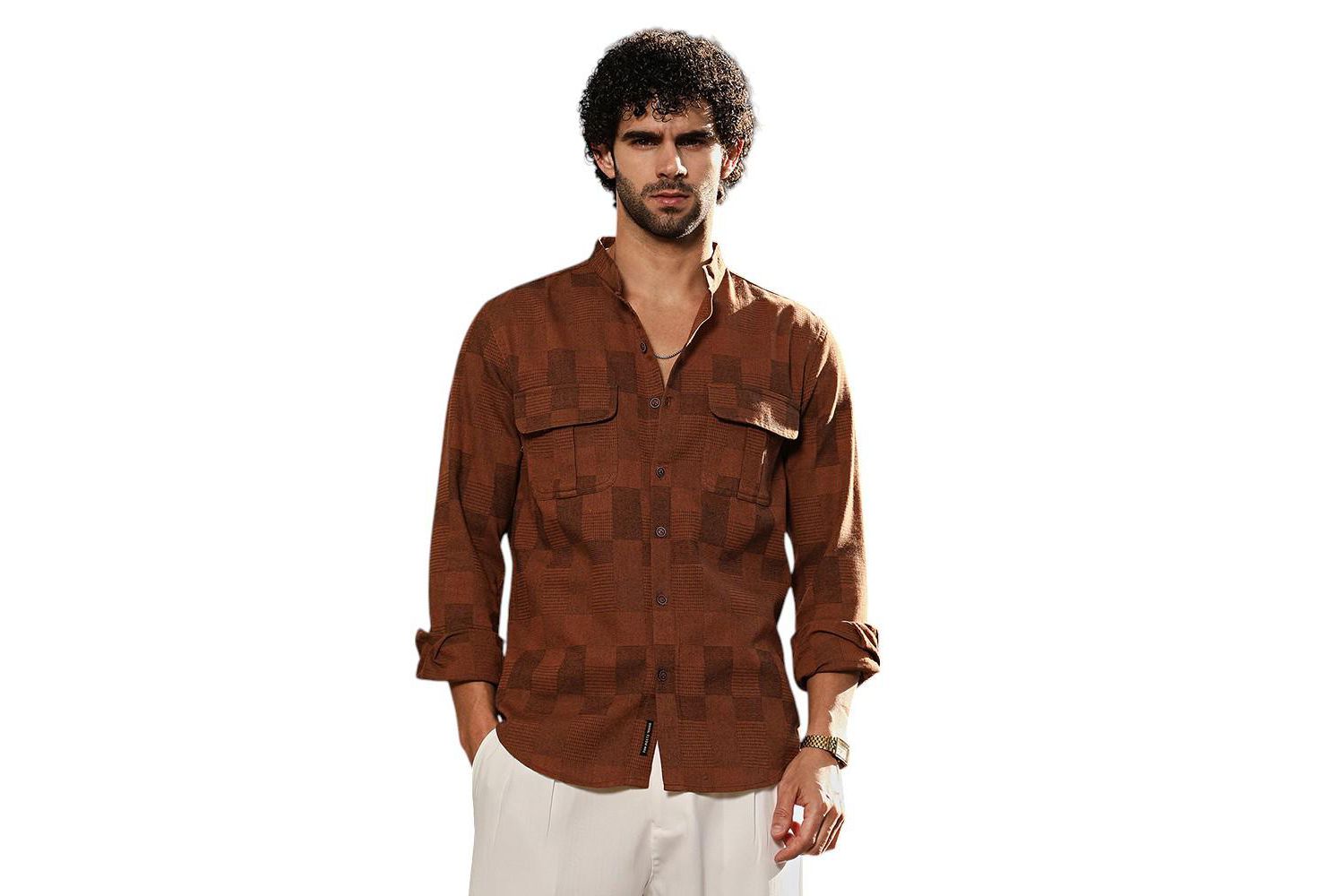 Men's Russet Brown Mandarin Utility Shirt