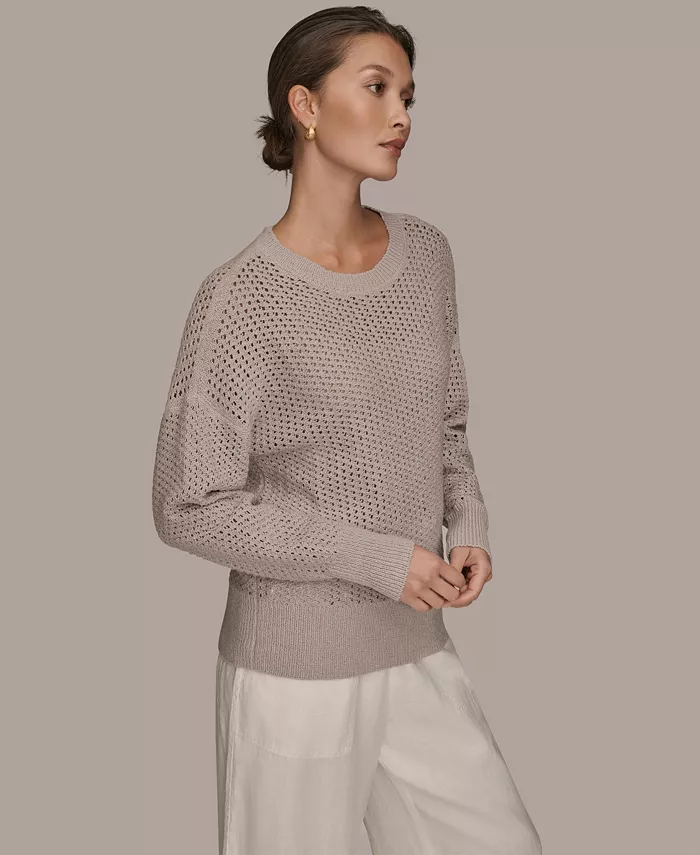 Women's Bracelet Sleeve Open Stitch Cotton Blend Crewneck Sweater - thumbnail 3
