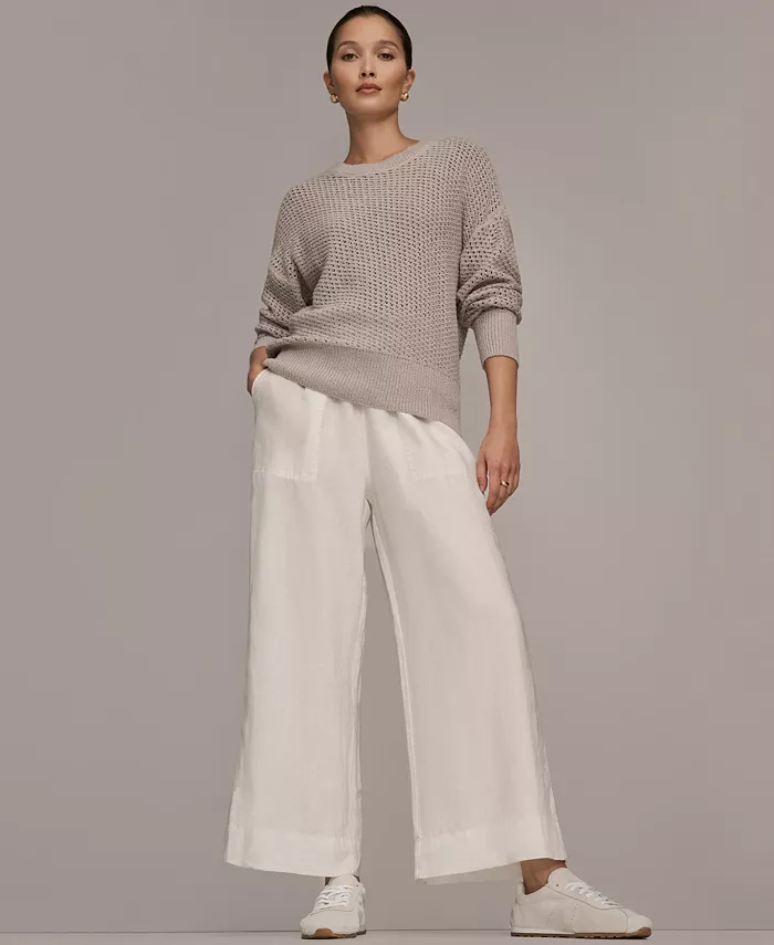 Women's Bracelet Sleeve Open Stitch Cotton Blend Crewneck Sweater - thumbnail 6