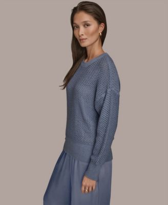 Women's Bracelet Sleeve Open Stitch Cotton Blend Crewneck Sweater