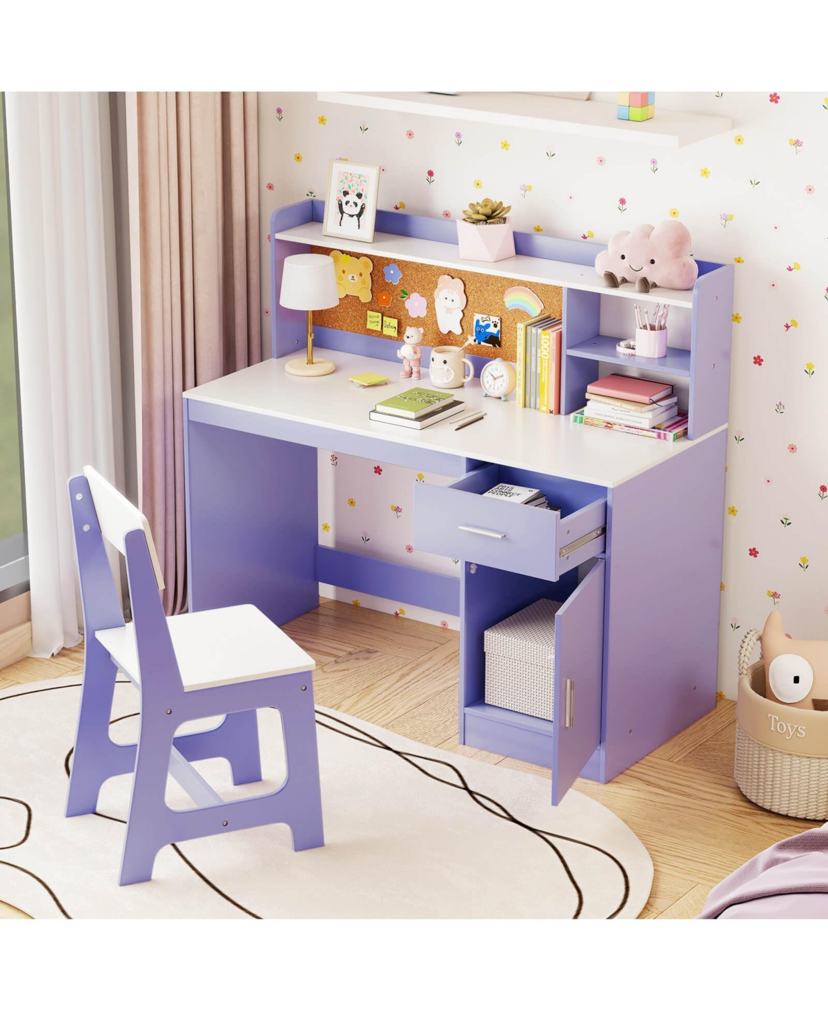 Costway Kids Study Desk and Chair Set Wooden Children Writing Table with Shelves & Drawer