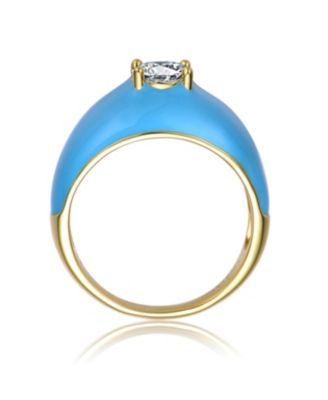 14k Gold Plated with Cubic Zirconia Solitaire Blue Enamel Dome Ring