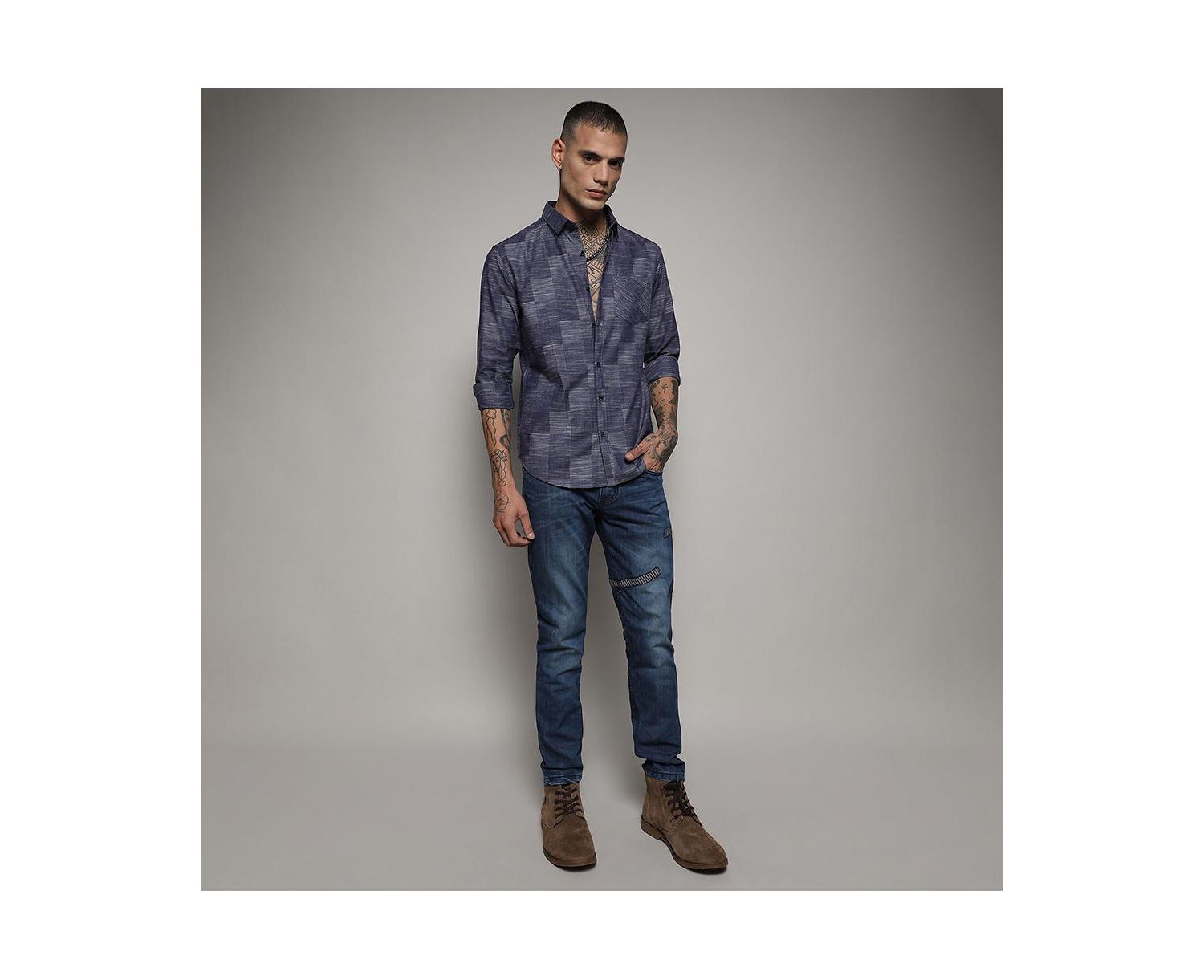 Men's Steel Blue Heathered Denim Check Shirt