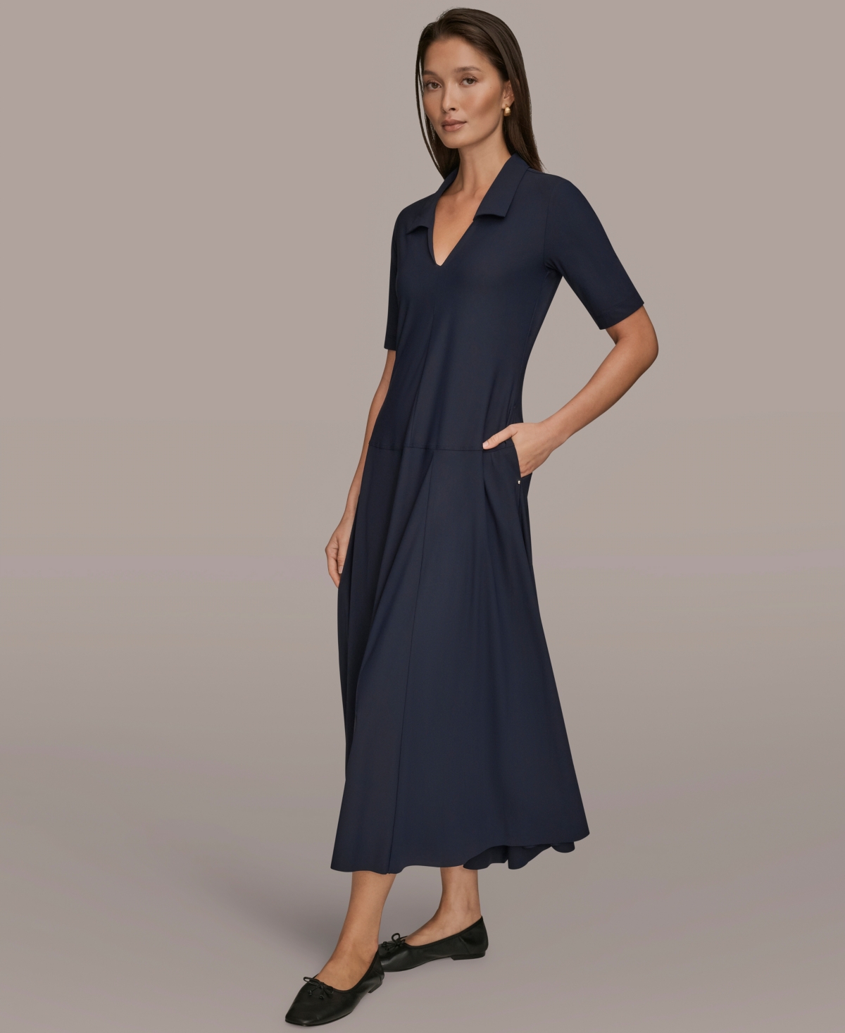 Donna Karan Weekend Women's Tricot Knit Elbow-Sleeve Polo Dress Clone