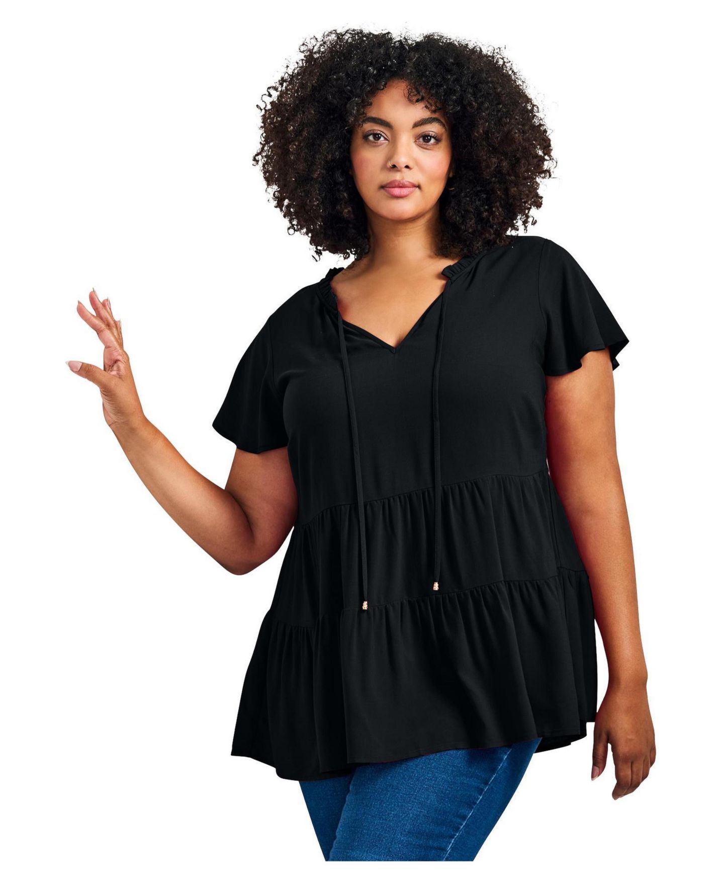 Женский топ Avenue Plus Size Lani Flutter Sleeve Tiered, цвет: Чёрный — фото 1