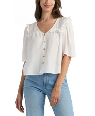 Juniors' Solid Crinkle V-Neck Top