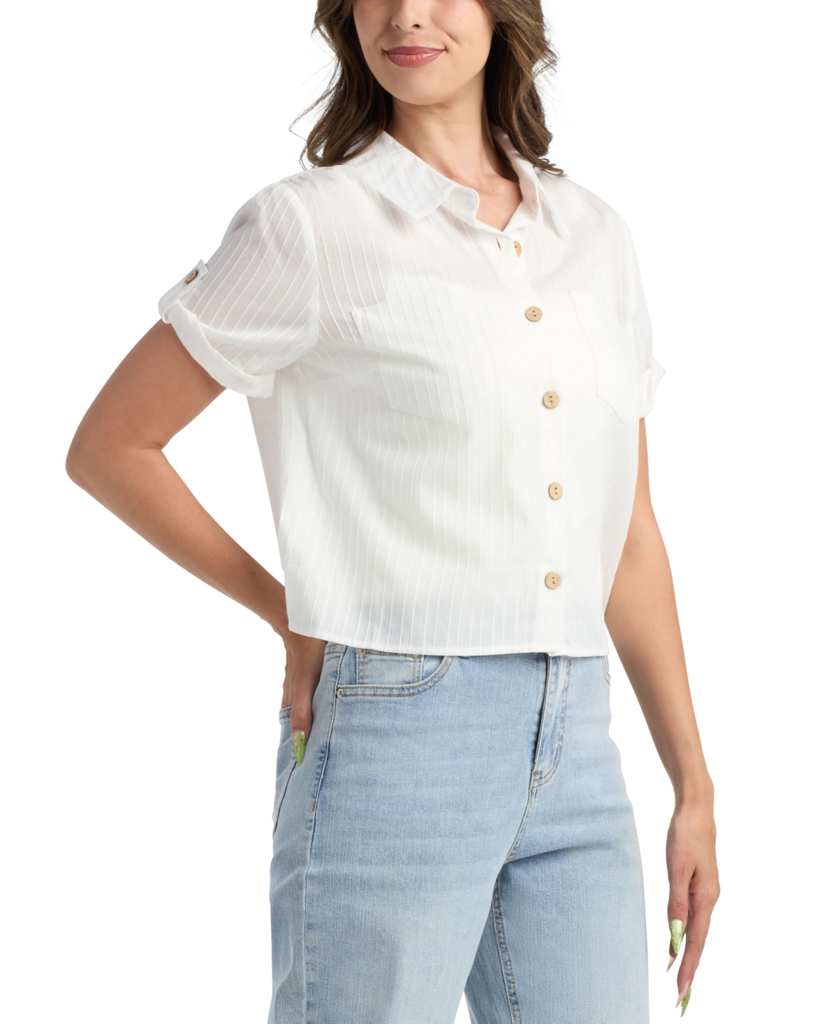 Bcx Juniors' Short-sleeve Button-up Shirt In White