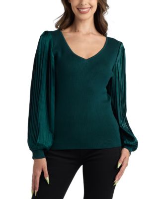 Juniors' V-Neck Pleated Sleeve Pull-On Sweater