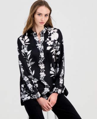 Women's Printed Long-Sleeve Popover Blouse