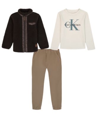 Calvin Klein - Boys 2T-7 3-Piece Berber Shirt Jacket, Long-Sleeve T-Shirt and Joggers Set