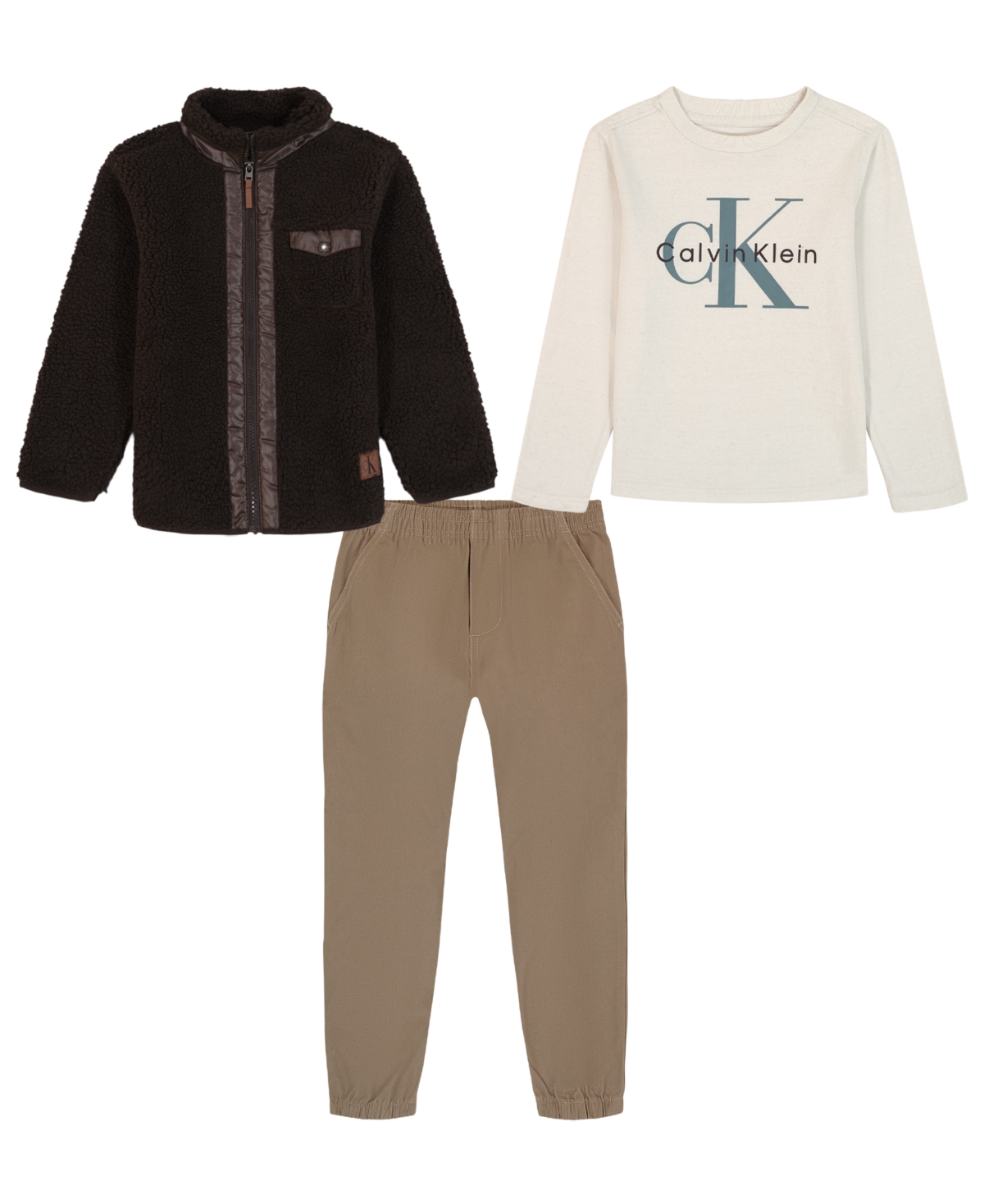 Calvin Klein Boys 2T-7 3-Piece Berber Shirt Jacket, Long-Sleeve T-Shirt and Joggers Set