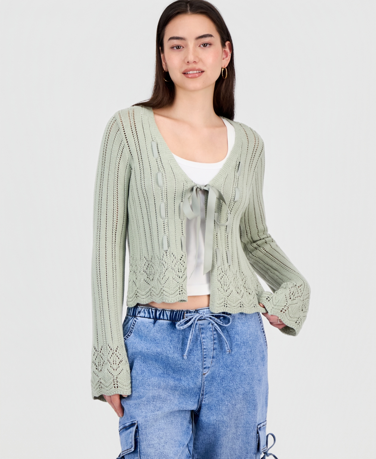 Hooked Up by Iot Juniors' Pointelle Tie-Front Cardigan