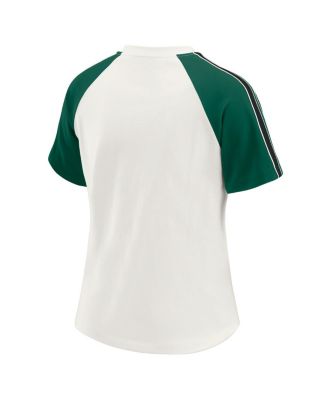 Women's White New York Jets Sleeve Stripe Distressed Raglan T-Shirt