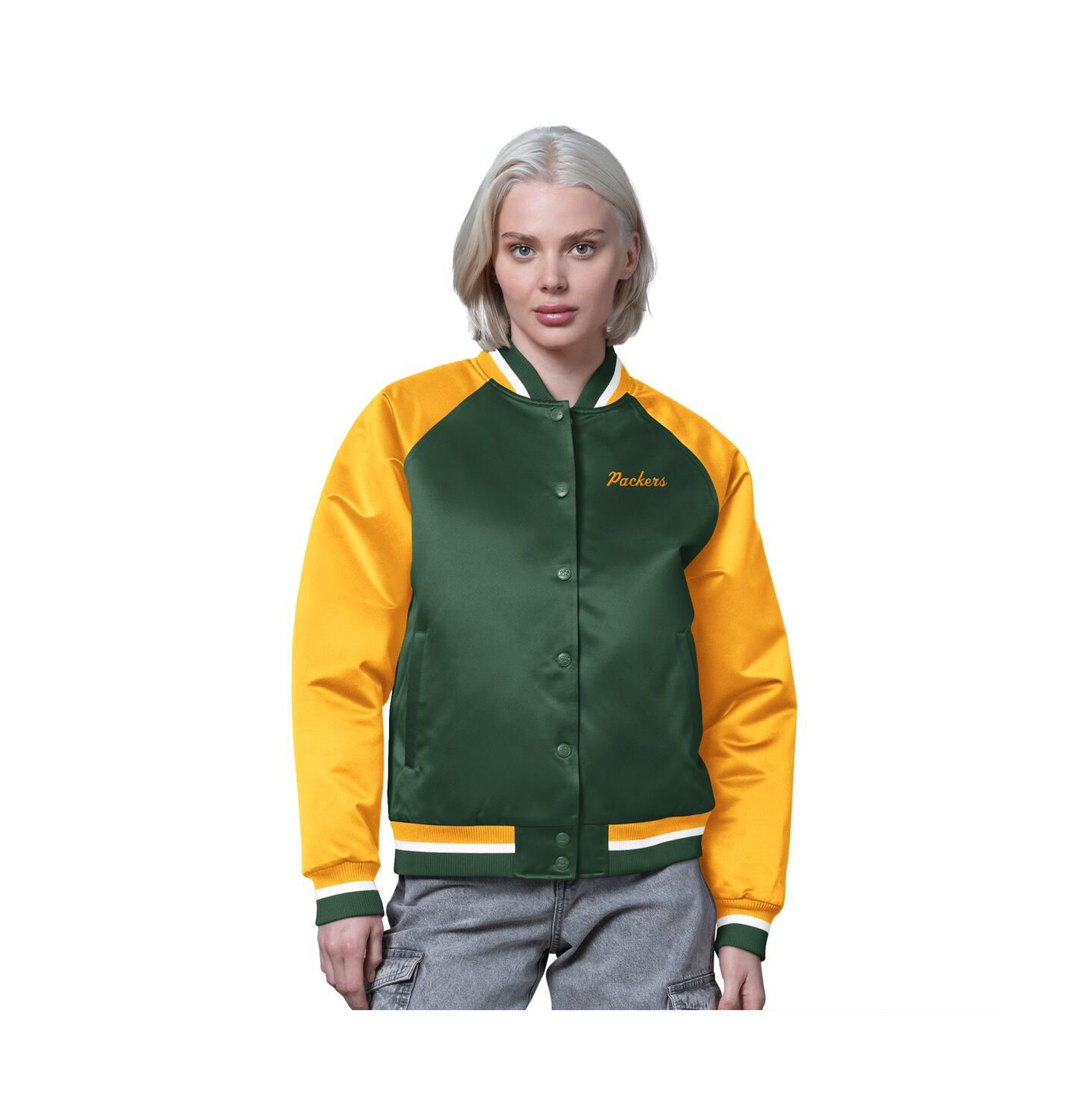 Женская куртка Starter Green/Gold Green Bay Packers Satin Full-Snap Vintage Varsity — фото 1