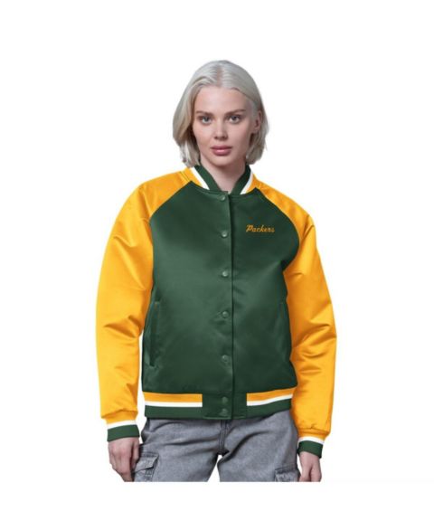 Женские куртки Starter Women's Green/Gold Green Bay Packers Satin Full-Snap Vintage Varsity Jacket