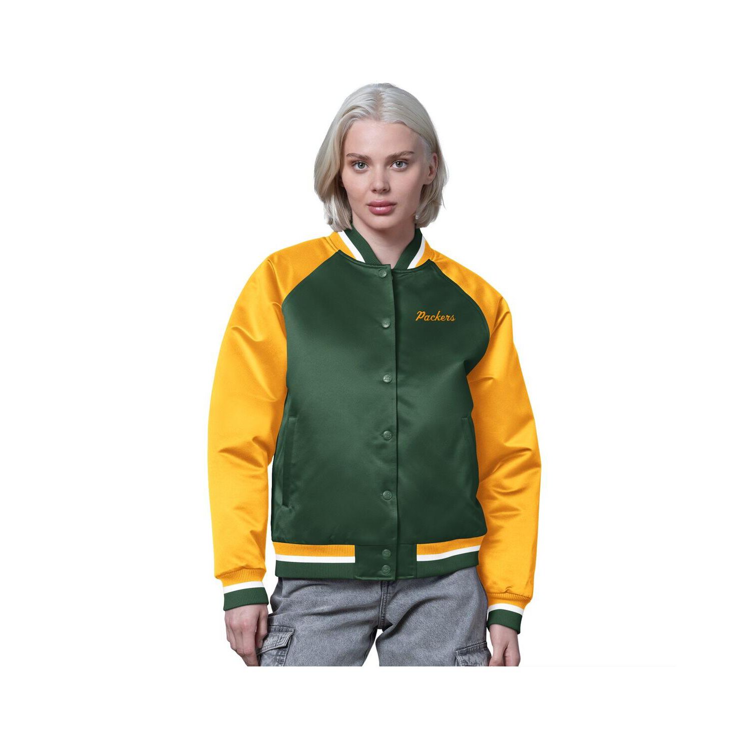 Women's Green/Gold Green Bay Packers Satin Full-Snap Vintage Varsity Jacket