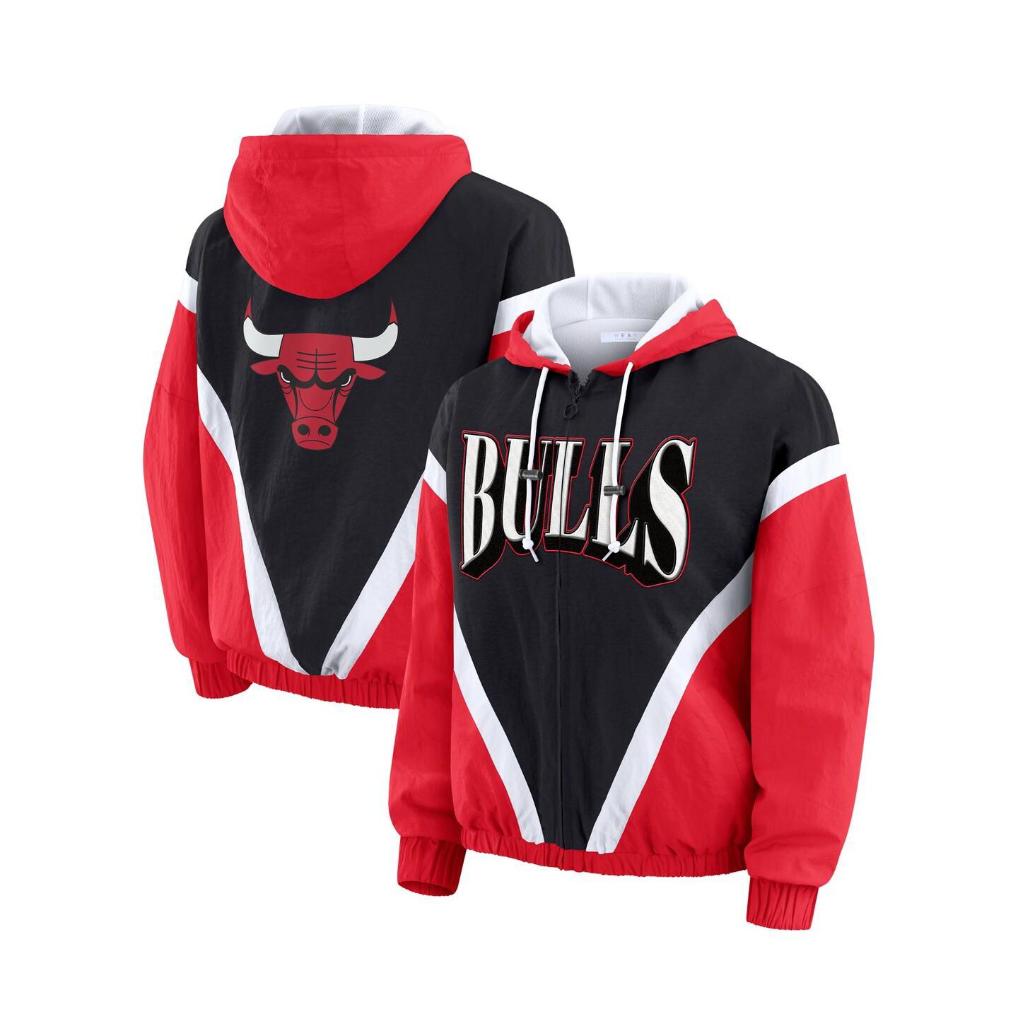 Женские худи WEAR by Erin Andrews Black/Red Chicago Bulls Color Block Full-Zip Windbreaker Jacket — фото 1