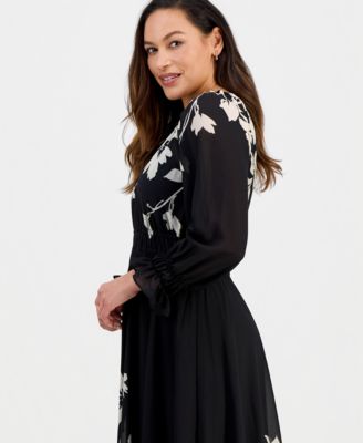 Women's Pleated Long-Sleeve Chiffon Midi Dress