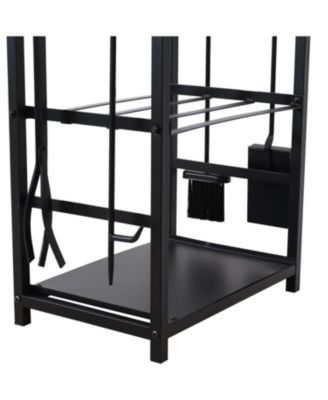 5pc Indoor/Outdoor Steel Log Holder with Fireplace Tool Set, Tongs, Poker, Shovel and Brush - Black